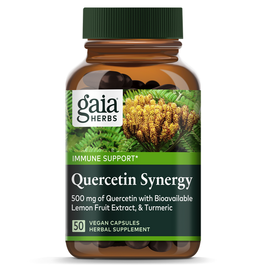 Gaia Herbs Quercetin Synergy - For Immune Support offers 500 mg of Quercetin, featuring bioavailable Wellemon fruit extract and Turmeric in a bottle with 50 vegan capsules. The label showcases the brands logo and herbal graphics.