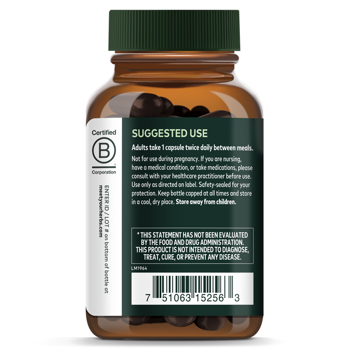 The Gaia Herbs Quercetin Synergy bottle for immune support features a brown transparent body with a white cap. The label advises adults to take one capsule twice daily, includes cautionary details, and displays a barcode.