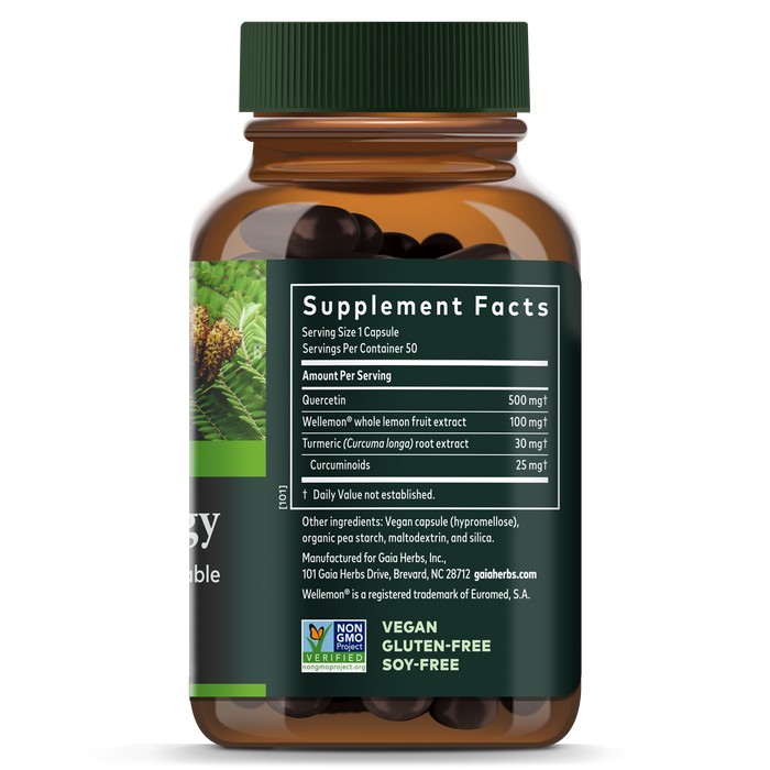 A brown bottle labeled Quercetin Synergy by Gaia Herbs features illustrations of pine cones and leaves. It highlights quercetin, bromelain, and turmeric content. Vegan, gluten-free, and soy-free—ideal for your Wellemon regimen.