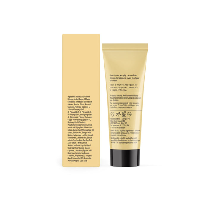 A beige Acure Radically Rejuvenating Whipped Night Cream tube and matching box are shown. The box details ingredients, while the rejuvenating tube displays directions, icons, and caution info in black text on a white background.