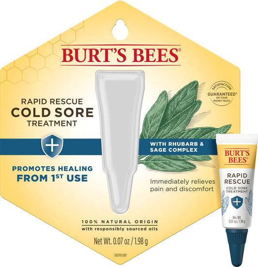 Packaging for Burts Bees Rapid Rescue Cold Sore Treatment (Rhubarb & Sage Complex) highlights its 100% natural origin and healing from the first use. The design showcases the product tube and leaves. Net weight: 0.07 oz / 1.98 g.