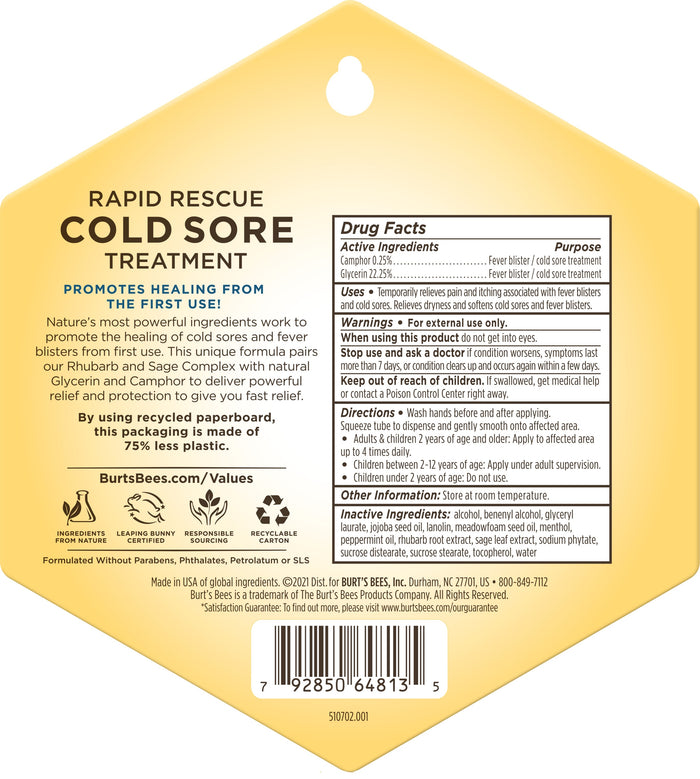 The back of the Burts Bees Rapid Rescue Cold Sore Treatment package details active ingredients, purposes, directions, warnings, and company contact info. It highlights lip care benefits with recycled paperboard and emphasizes rapid relief for cold sores.