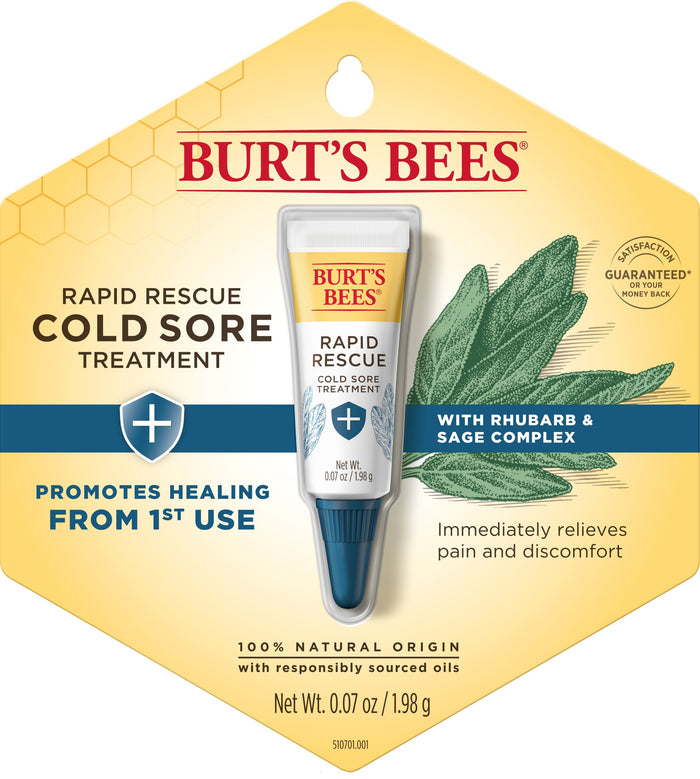 Burts Bees Rapid Rescue Cold Sore Treatment features a tube with rhubarb and sage complex, highlighting promotes healing from 1st use and immediately relieves pain. A textured green leaf design underscores its dedication to effective lip care.