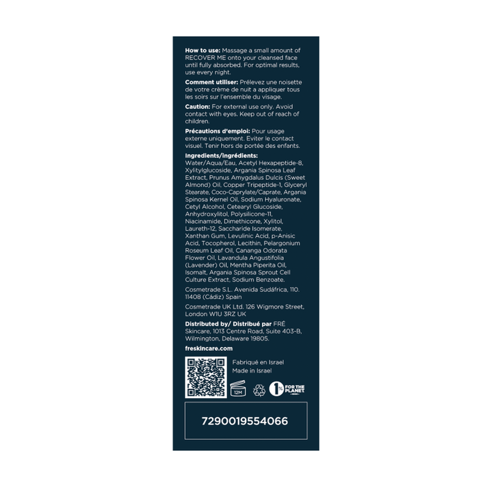 The blue label for FRÉ Skincares RECOVER ME Restorative Night Cream includes instructions in French and English, information on usage and ingredients like Arnica Montana and Argania Active Complex™ for skin repair, safety notes, distributor details, a barcode, Made in Israel, and recycling icons.