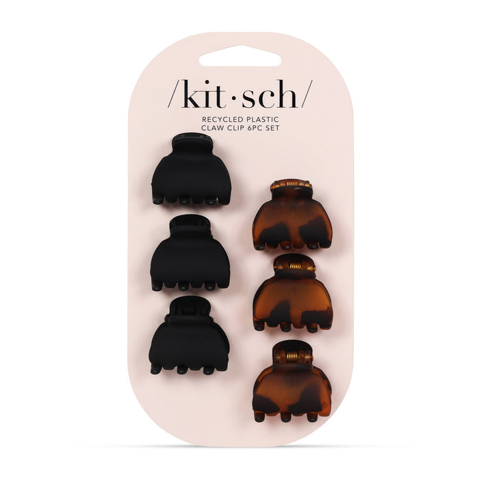 Discover the Kitsch Recycled Plastic XS Claw Clip Set, a chic and eco-friendly collection of six clips. Featuring sleek black and tortoiseshell designs, these accessories are perfect for any style-conscious individual.