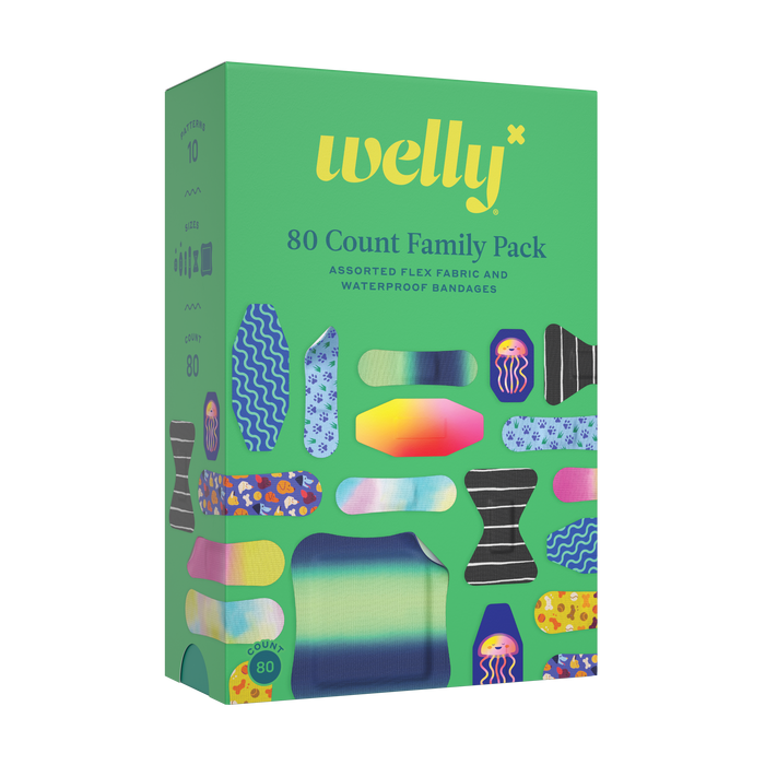 A colorful green Welly Refill Box features 80 flex fabric and waterproof bandages with vibrant designs, making it a cheerful addition to any portable first aid kit.