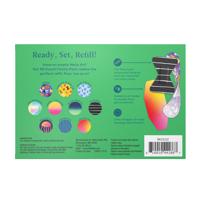 A green package with colorful patterns for Wellys Refill Box features flex fabric bandage designs. Ready, Set, Refill! text highlights recharge benefits, plus recycling info, product code, and barcode—ideal for portable first aid kits.