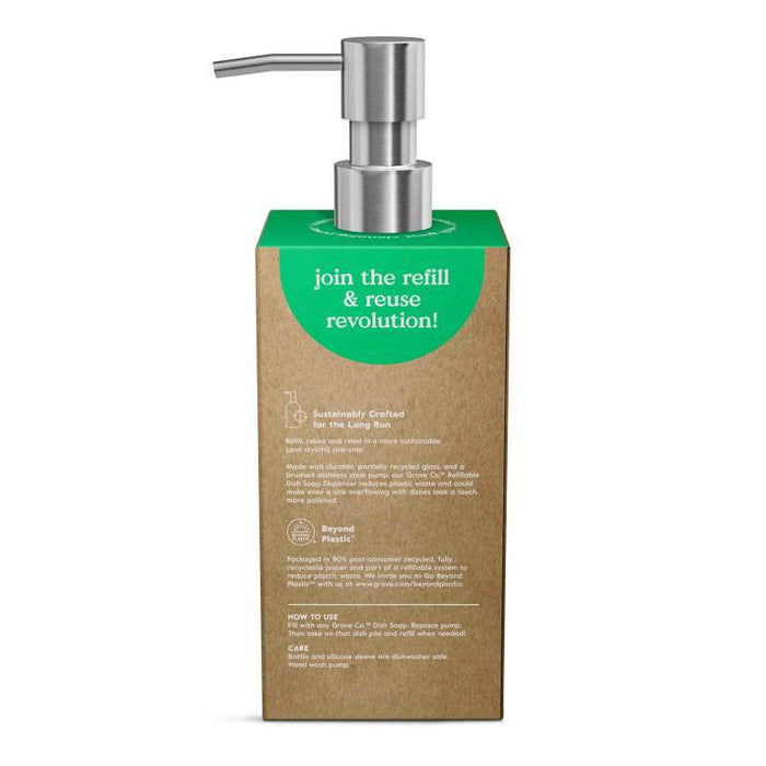 The Grove Co. Refillable Dish Soap Dispenser is a brown pump bottle with a green top and nozzle, labeled join the refill & reuse revolution! It includes sustainability info, usage instructions, and ingredient details in white text—ideal for an eco-friendly home aiming to reduce plastic waste.