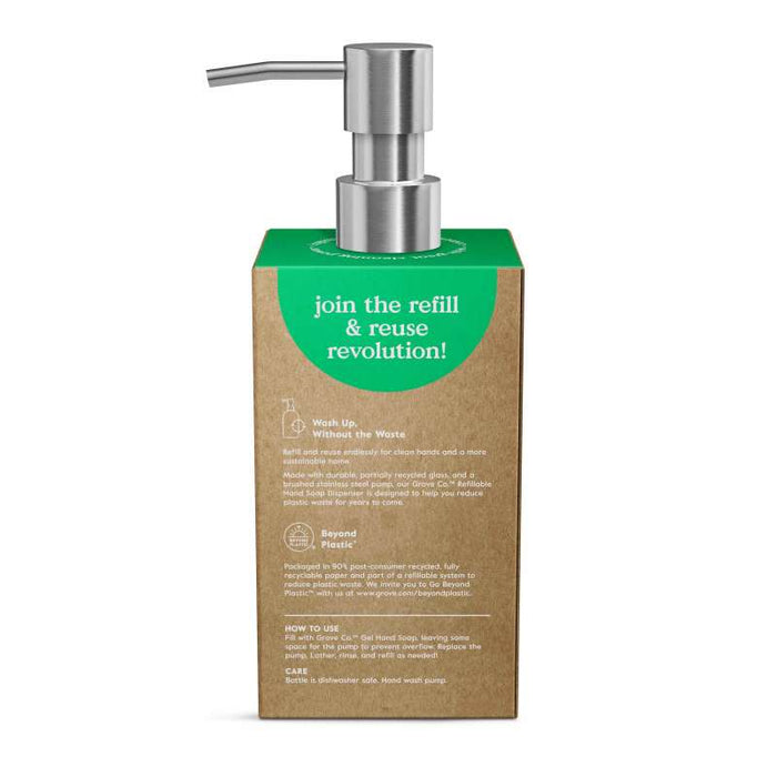 The Grove Co. Refillable Gel Hand Soap Dispenser, featuring a sustainable stainless steel pump, is displayed on its brown and green recyclable box. The packaging promotes eco-friendly practices with instructions for optimal use and care.