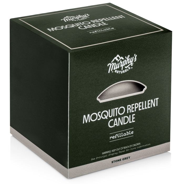 The Murphys Naturals Refillable Mosquito Repellent Candle in its STONE GREY packaging is DEET-free, infused with essential oils, and includes a warning to keep out of childrens reach.