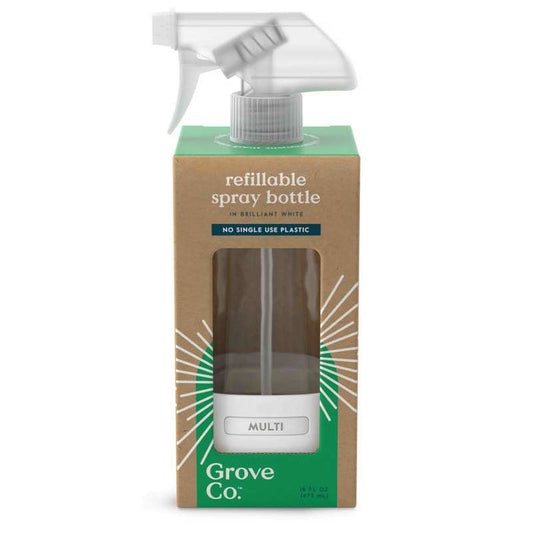 Grove Co.s Refillable Spray Bottle (VIP) showcases sustainable materials with a clear bottle and white trigger. Packaged in a MULTI labeled cardboard box, it promotes eco-friendly cleaning concentrates by emphasizing no single-use plastic.