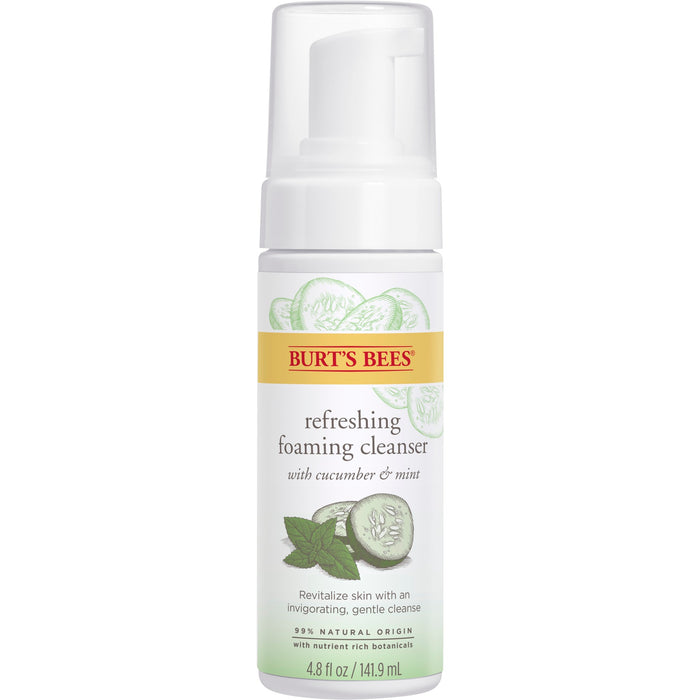 Burts Bees Refreshing Foaming Face Cleanser and Natural Face Wash features cucumber and mint, with 95% natural origin ingredients. The label is decorated with cucumber slices and mint leaves, and it comes in a convenient 4.8 fl oz (141.9 ml) size.