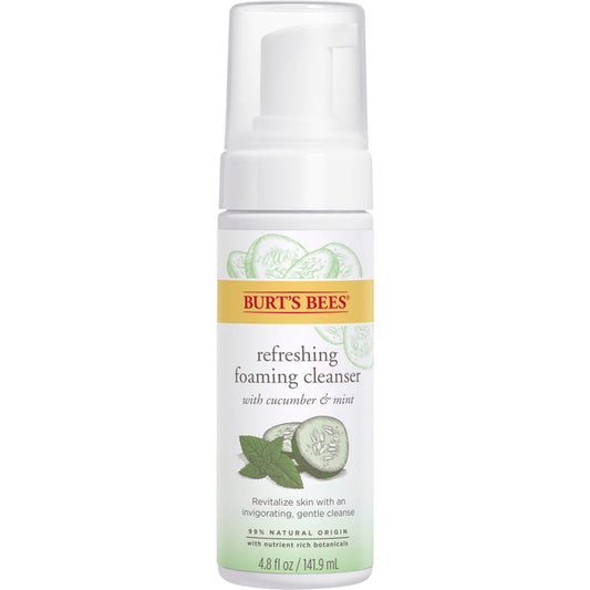 Burts Bees Refreshing Foaming Face Cleanser and Natural Face Wash features cucumber and mint, with 95% natural origin ingredients. The label is decorated with cucumber slices and mint leaves, and it comes in a convenient 4.8 fl oz (141.9 ml) size.