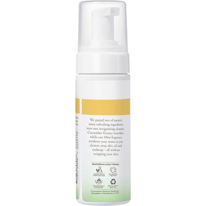 A Burts Bees Refreshing Foaming Face Cleanser and Natural Face Wash with cucumber and mint is packaged in a white and green container featuring natural ingredients, sustainable practices, descriptive text, and eco-friendly symbols.