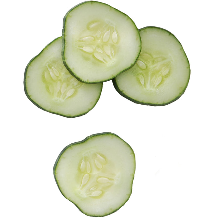 Five cucumber slices arranged on a white background unveil seeds and a dark green rind, echoing the freshness of Burts Bees Refreshing Foaming Face Cleanser with Cucumber and Mint.