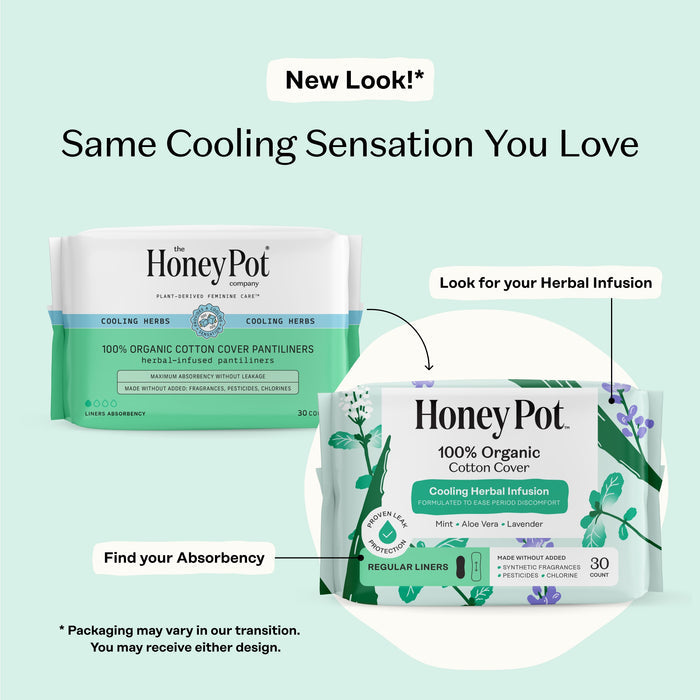 Side-by-side comparison of The Honeypot Company 100% Organic Cotton Cover Pantiliners - Herbal-Infused: old vs. new package. Arrows highlight herbal infusion and absorbency. Text: “New look! Same cooling sensation you love.”.