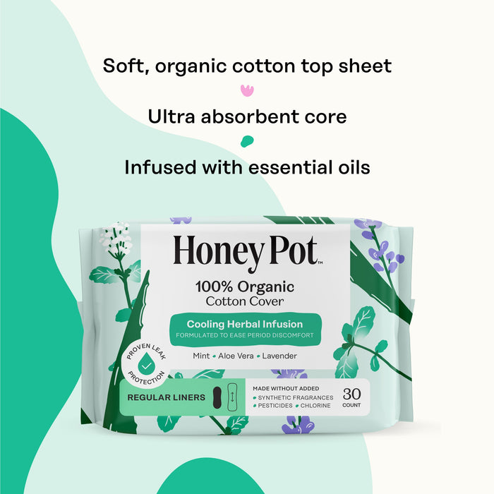 The Honeypot Company 100% Organic Cotton Cover Pantiliners - Herbal-Infused feature a soft cotton cover, an ultra-absorbent core, and a cooling blend of mint, aloe vera, and lavender for refreshing comfort.
