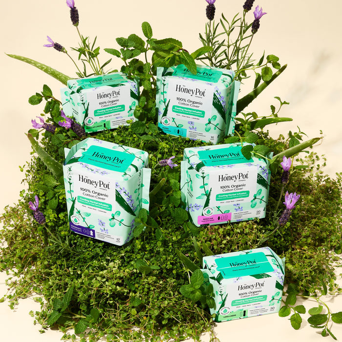Five boxes of The Honeypot Company 100% Organic Cotton Cover Pantiliners - Herbal-Infused are displayed on a bed of lush greenery and purple flowers, highlighting their fresh, natural appeal.