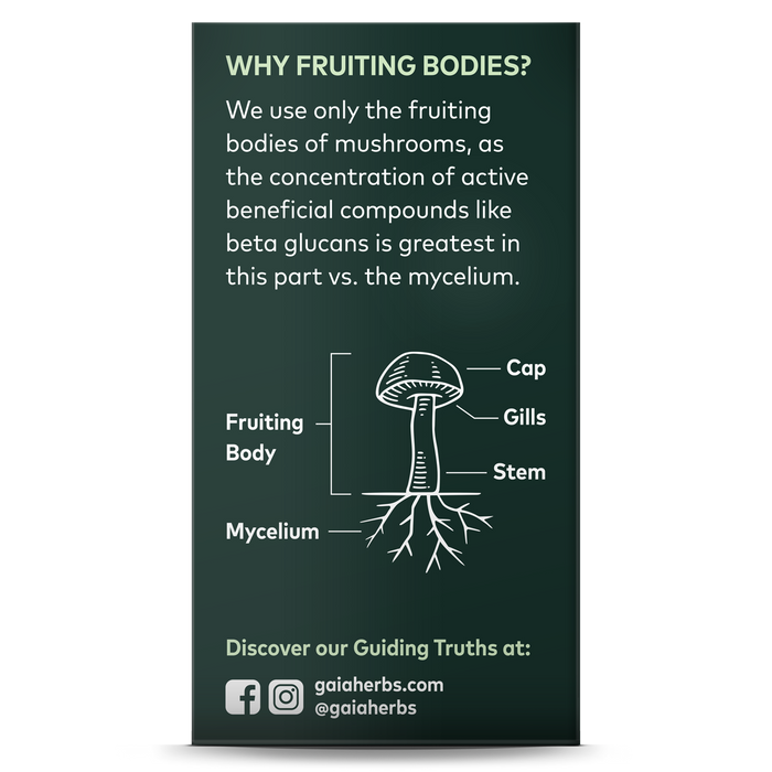 A poster on mushroom fruiting bodies shows their higher active compound concentration than mycelium, aiding immune support. A diagram illustrates cap, gills, stem, and mycelium. Learn more about Gaia Herbs Reishi Mushroom for immune and heart support on their social media and website.