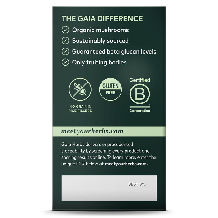 Image of a Gaia Herbs Reishi Mushroom - For Immune & Heart Support box, showcasing key benefits like Reishi mushrooms for immune support and eco-friendly sourcing. It uses only fruiting bodies with guaranteed beta glucan levels. Certified gluten-free B Corporation with no grain or rice fillers.