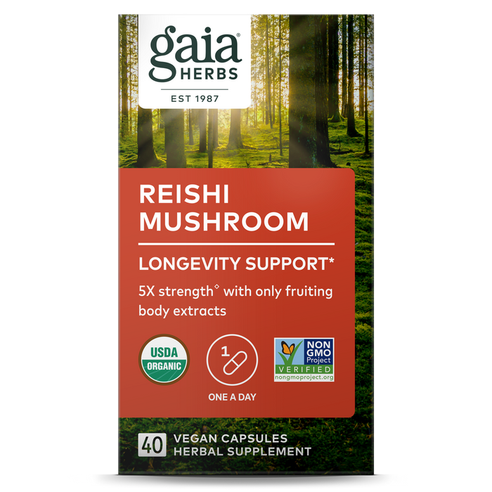 Gaia Herbs Reishi Mushroom box offers Longevity Support with adaptogens. The labels read USDA Organic, Non-GMO Project Verified, and Vegan Capsules. Set in a sunlit forest, this immune and heart support formula includes 40 capsules.
