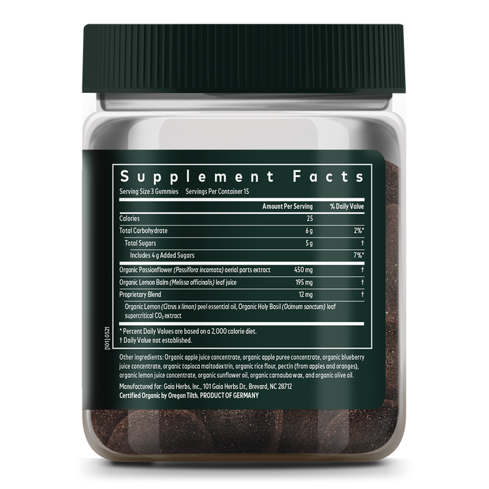Relax Gummies by Gaia Herbs come in a jar featuring a label with nutrition facts, including calories, carbohydrates, and fiber. Infused with organic ingredients like lemon balm and passionflower, these certified organic gummies are crafted in Germany.