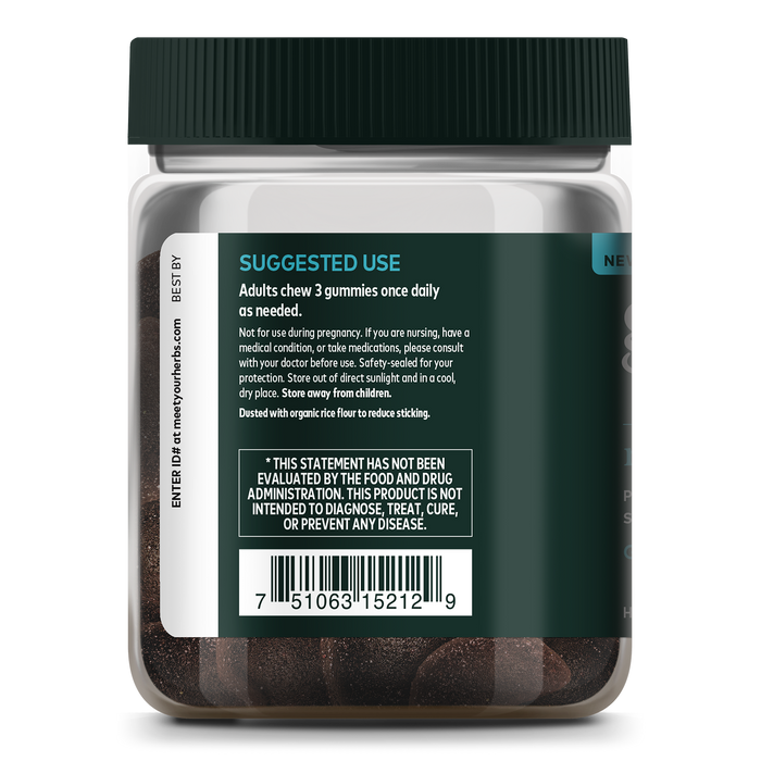 The plastic bottle from Gaia Herbs features a dark label for Relax Gummies with Suggested Use instructions advising adults to chew three gummies daily. It includes a caution about consulting a doctor and displays a barcode.