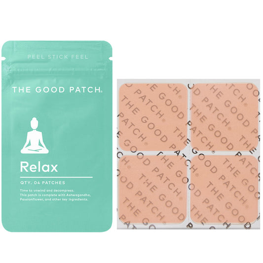 A teal package labeled Relax Plant Patch from The Good Patch rests beside four square patches with a meditating silhouette, featuring Ashwagandha for enhanced relaxation, each patch boldly displaying THE GOOD PATCH.