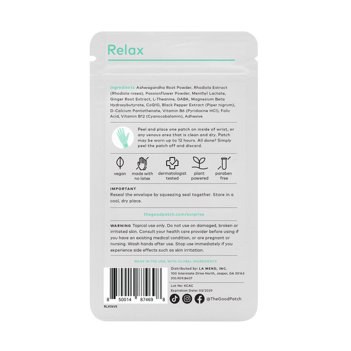 The back of the Relax Plant Patch by The Good Patch package reveals it as a wearable wellness patch. The instructions suggest peeling and applying for stress relief, highlighting ingredients like ashwagandha and passionflower, with warnings, barcode, and company details clearly visible.