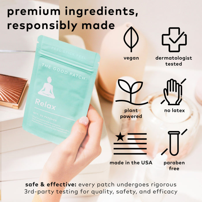 A hand holds a teal packet of The Good Patchs Relax Plant Patch, a wearable wellness patch. Icons highlight features: vegan, dermatologist tested, plant powered, latex-free, made in the USA, and paraben-free. Text assures safety and effectiveness with rigorous testing.