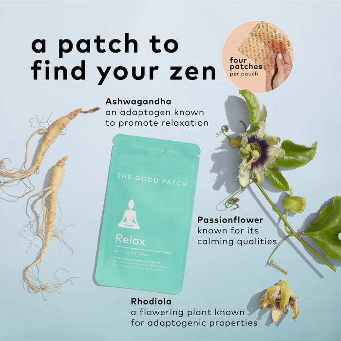 A promotional image for The Good Patch showcases the Relax Plant Patch, a wearable wellness patch infused with ginseng, ashwagandha, passionflower, and rhodiola plants. It highlights the calming and adaptogenic benefits of these ingredients.