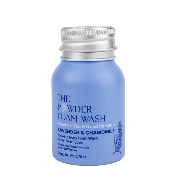 The Powder Shampoos Relaxing Night Body Foam Wash comes in a small blue recyclable aluminum bottle with a silver cap and lavender design. It contains Lavender & Chamomile Essential Oils, suitable for all skin types, and offers up to 20 washes.