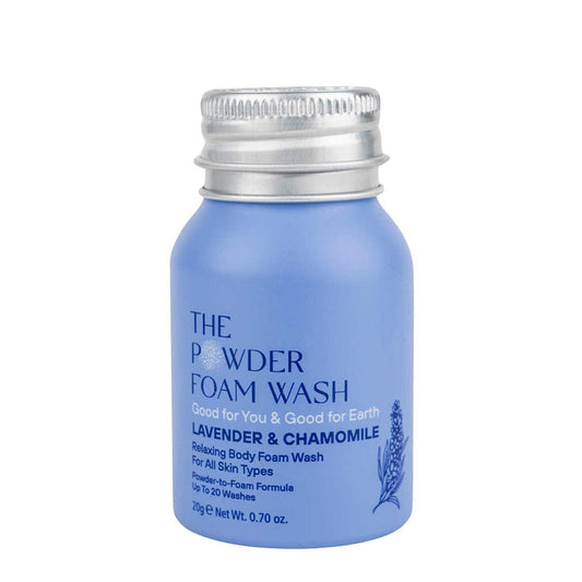 The Powder Shampoos Relaxing Night Body Foam Wash comes in a small blue recyclable aluminum bottle with a silver cap and lavender design. It contains Lavender & Chamomile Essential Oils, suitable for all skin types, and offers up to 20 washes.