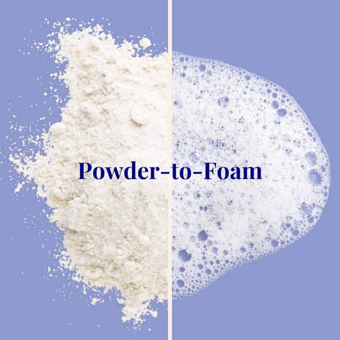 A split image shows powder on the left and foam on the right, set against a calming blue background with Butterfly Pea Flower Extract accents. The text Relaxing Night Body Foam Wash by The Powder Shampoo is elegantly centered across the image.