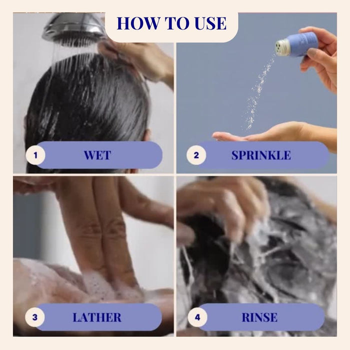 Experience the nourishing benefits of The Powder Shampoos Relaxing Night Body Foam Wash with a four-step guide: Wet your hair, sprinkle the powder into your hand, lather with fingers, then rinse thoroughly to revitalize your locks.