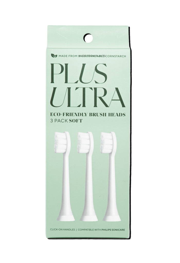 Plus Ultras Replacement Toothbrush Heads - Sonicare come in a mint green box with a minimalist design. This eco-friendly 3-pack, made from cornstarch, is compatible with Philips Sonicare and features soft, white brush heads.
