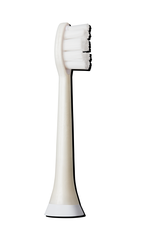 A Replacement Toothbrush Head from Plus Ultras Sonicare line, featuring an eco-friendly design, soft bristles, and a slightly curved neck, is displayed upright against a plain white background.