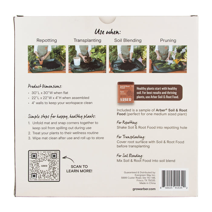 A box with text and four images highlights the versatile Arber Repotting Mat for repotting, transplanting, blending soil, and pruning. It includes dimensions, instructions, and a QR code. An eco-friendly sample of Arber Organic Soil & Root Food is also included.