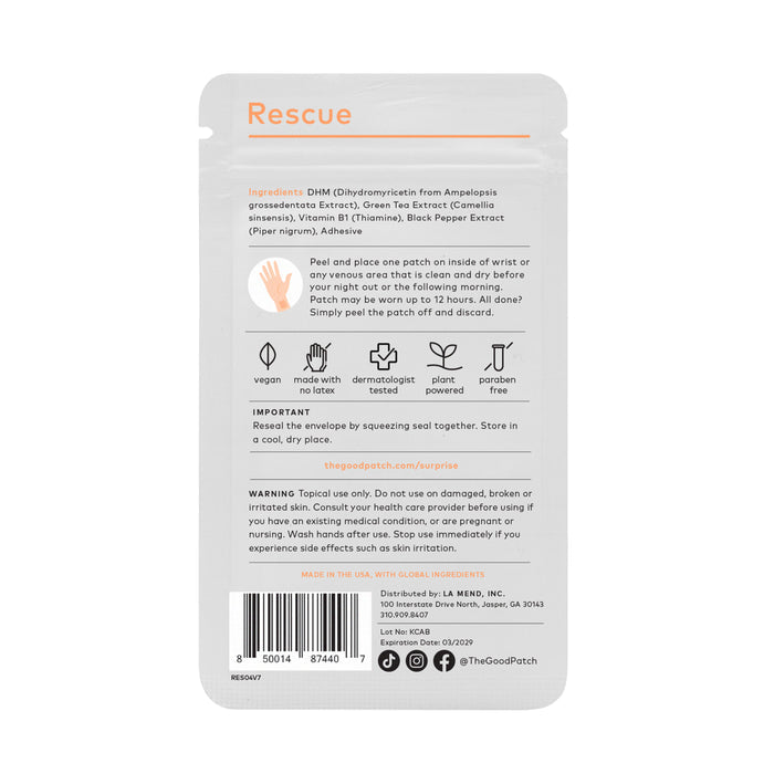 Back of The Good Patchs Rescue Patch package displays ingredients with vitamin B1, application instructions for this wellness patch, a warning, website and distributor info, barcode, and social media details at the bottom.