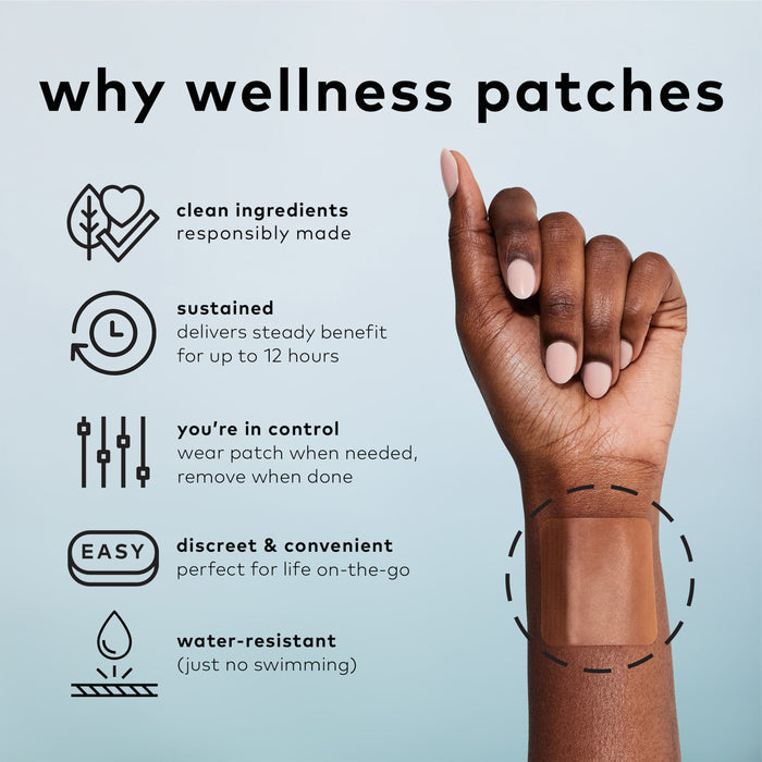 A hand wears The Good Patchs Rescue Patch against a blue background. Text highlights the benefits: clean ingredients, 12-hour sustained delivery for hangover relief, user control, discreet and convenient use, and water resistance. Icons accompany each benefit.