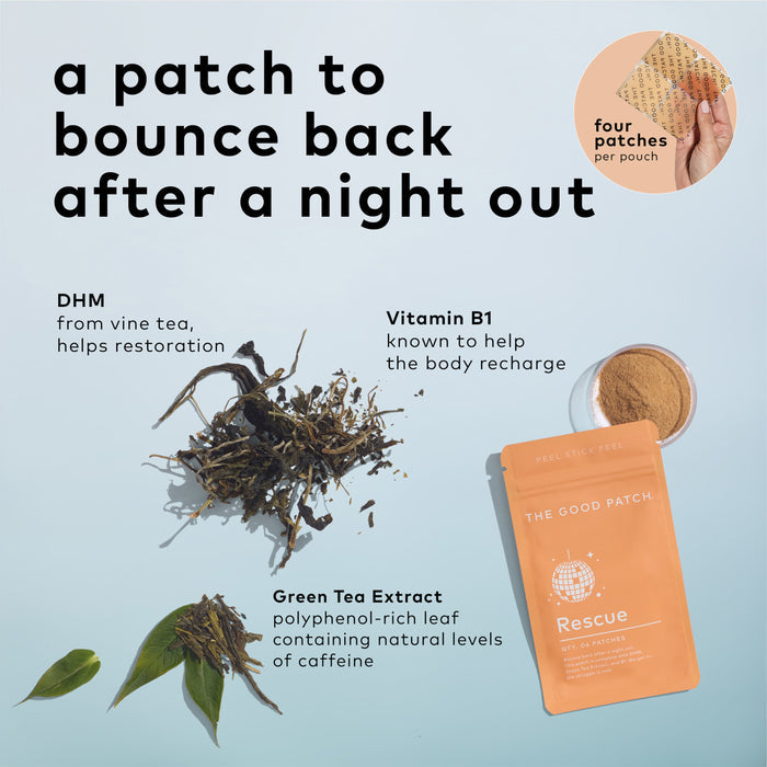 A flat lay image features The Good Patchs Rescue Patch hangover remedy. Text reads: a patch to recover after a night out, featuring DHM, Vitamin B1, and Green Tea Extract. A hand holds this wellness patch.