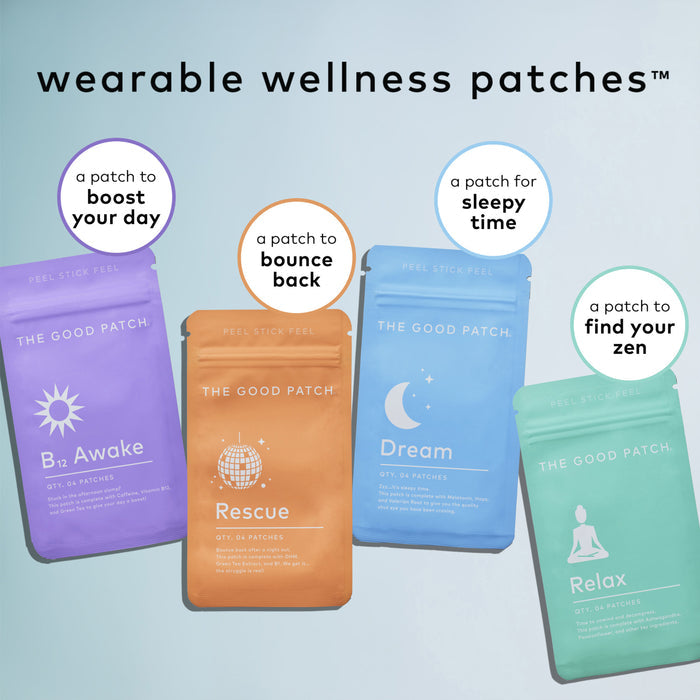 Image of four colorful The Good Patch wellness patches against a light background, labeled as B12 Awake, Rescue Patch, Dream, and Relax. They offer benefits like energy boosts or sleep aid—ideal as a hangover patch collection.