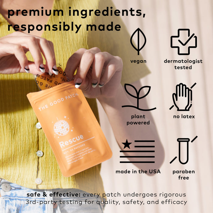 A person in a yellow top holds an orange package labeled Rescue Patch by The Good Patch. Icons state this wellness patch is vegan, plant-powered, dermatologist tested, USA-made, latex and paraben-free. It contains vitamin B1 for hangover relief and mentions 3rd-party testing.