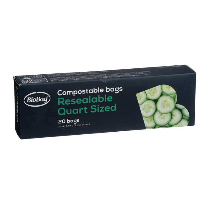 BioBag Resealable Food Storage Bags, quart-sized and plant-based, come in a rectangular box with 20 bags. Packaging shows sliced cucumbers with green and white text on a dark background.