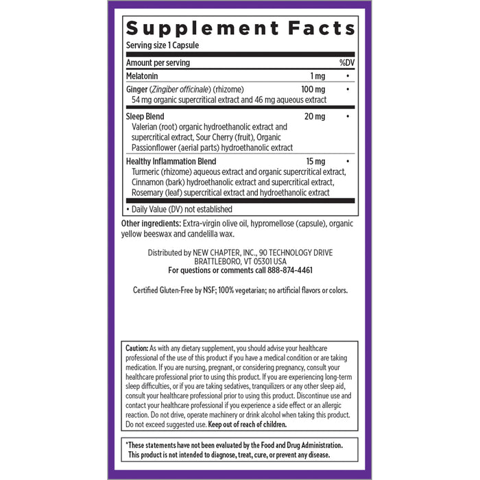 The supplement facts label for New Chapters Restful Sleep + Pain includes melatonin, valerian root, meadowsweet flower for better rest, an immunity blend with turmeric and echinacea, plus herbal pain relief. Contains manufacturer details and health disclaimers.