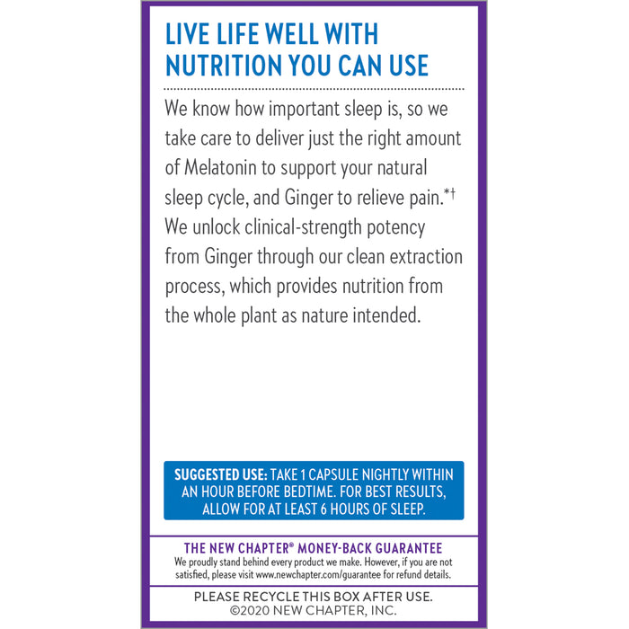 A rectangular label titled Live Life Well with Nutrition You Can Use for New Chapters Restful Sleep + Pain supplement features benefits of Melatonin and Ginger, dosing instructions, a disclaimer, and a recycling reminder at the bottom.