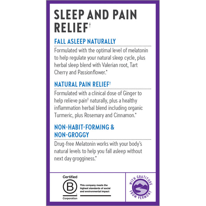 New Chapters Restful Sleep + Pain is a Certified B Corporation product that helps you fall asleep naturally with melatonin and herbs while providing herbal pain relief using ginger and spices. Its non-habit forming and wont leave you feeling groggy.
