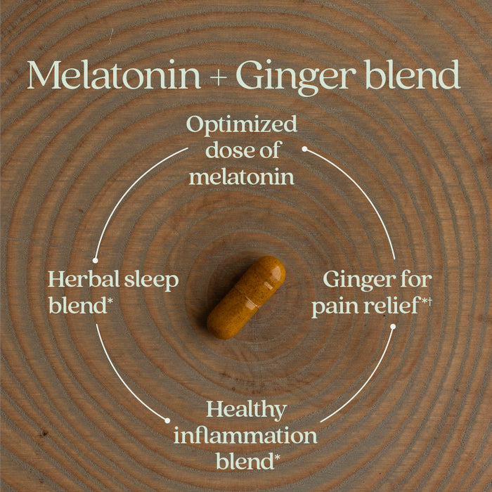 A brown capsule of New Chapter’s Restful Sleep and Pain Relief, Melatonin & Ginger Sleep Supplement sits on wood, with text highlighting optimized melatonin, ginger for pain relief, healthy inflammation support, and valerian herbal sleep blend.