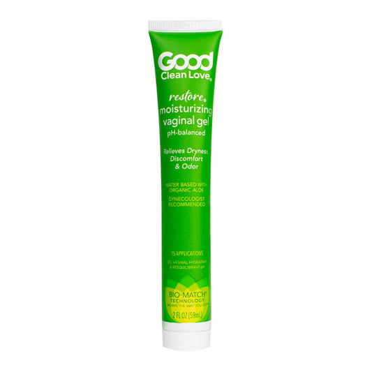 A green tube labeled Good Clean Love: Restore pH-Balancing & Moisturizing Vaginal Gel with white text promotes vaginal health with a pH-balanced formula to relieve dryness, discomfort, and odor. Contains 2 fl oz (57 ml) and features organic aloe for up to 15 applications.