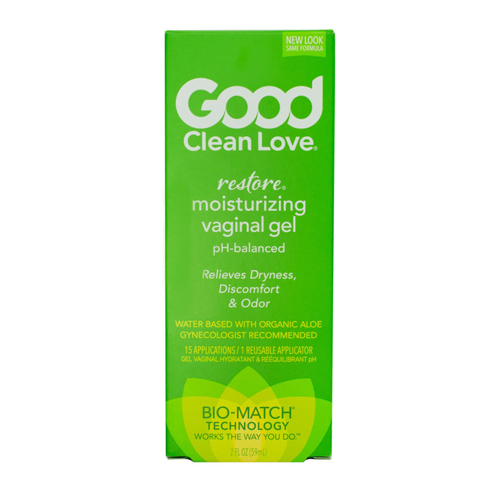The green box of Good Clean Loves Restore pH-Balancing & Moisturizing Vaginal Gel enhances vaginal health with a pH-balanced formula that soothes dryness, discomfort, and odor. It contains organic aloe and offers 1.5 applications per use in a 2 fl. oz. tube.